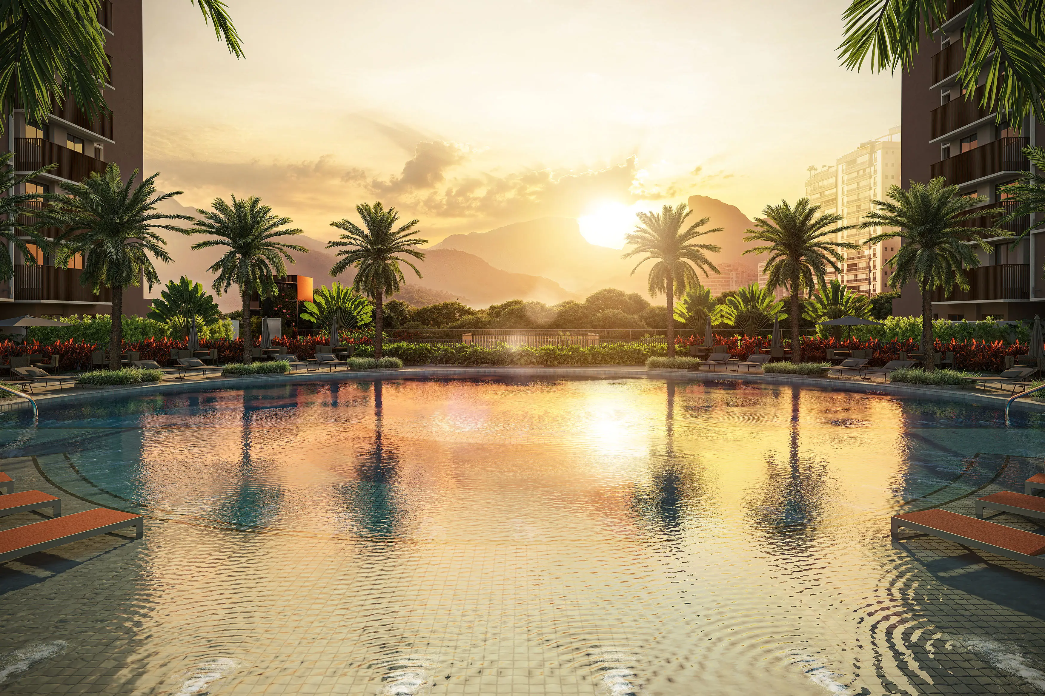 Piscina ao entardecer · Perspectiva artística